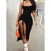 Drawstring Bodycon Cami Dress, Sexy Split Spaghetti Strap Dress, Women's Clothing