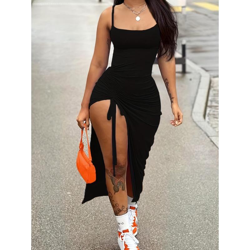 Drawstring Bodycon Cami Dress, Sexy Split Spaghetti Strap Dress, Women's Clothing