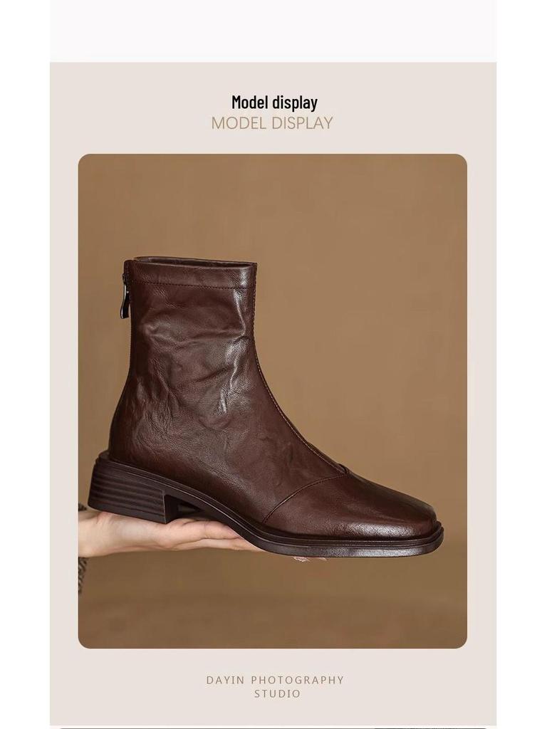 Lambskin Slimming Ankle Boots 2025: Women's Mid-Heel Vintage Martin Boots, Black Square Toe, Autumn/Winter Collection.