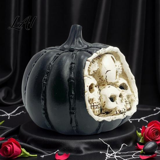 Creepy Holiday Ornaments Halloween Skull Pumpkin Figurine Realistic Resin Skeleton Statue Decorations Spooky Horror Scene Props Desktop for Haunted