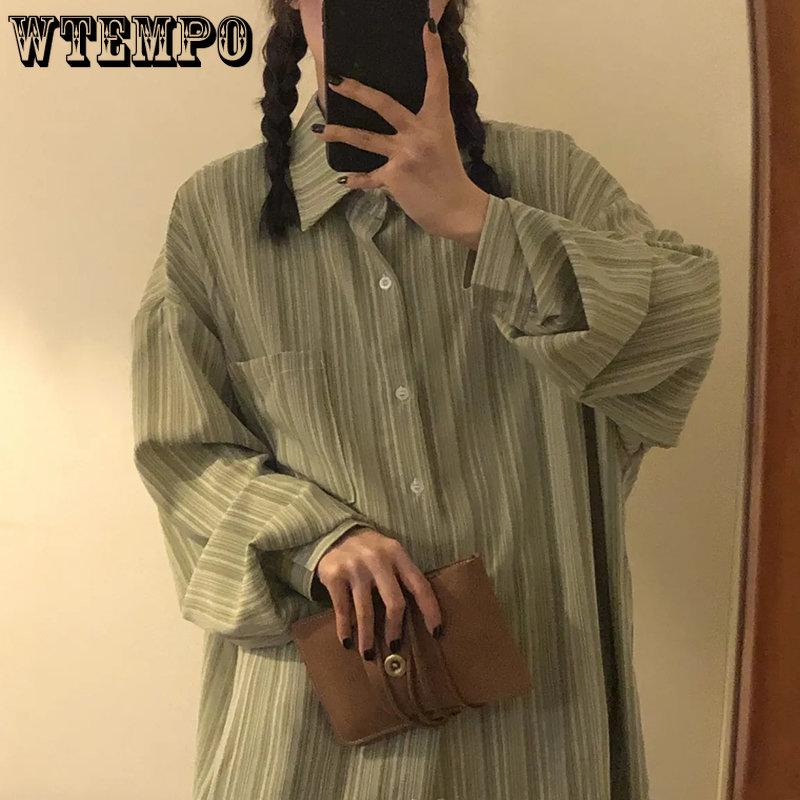 WTEMPO Рубашки в полоску в стиле Харадзюку, женские винтажные корейские топы с длинными рукавами, женские повседневные универсальные свободные светло-зеленые блузки на пуговицах