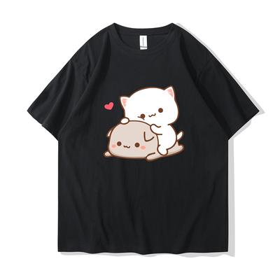 Футболка с изображением кота персика и моти, новая летняя стильная футболка с милым принтом для женщин, модная футболка в стиле Харадзюку для пар, 100% хлопок