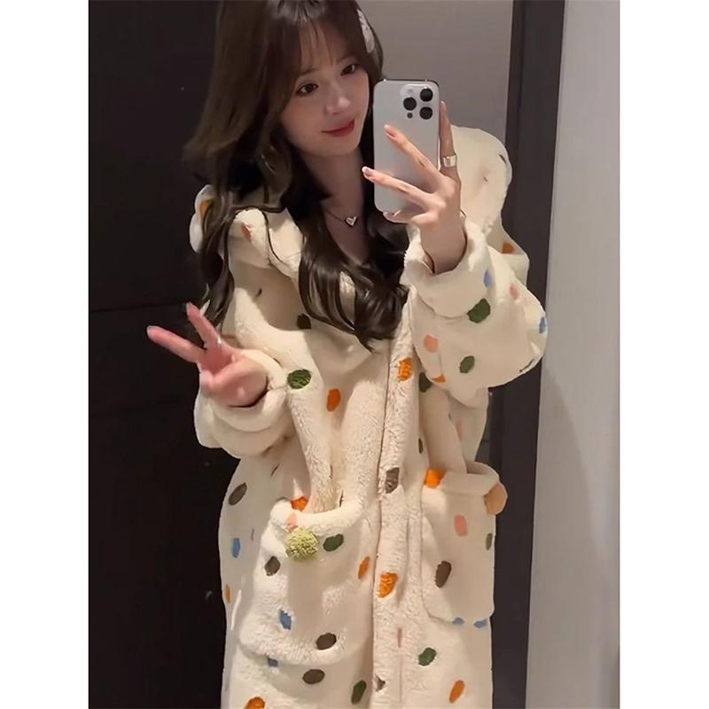 Danmo Dot Robe для женщин, ночная рубашка, зимняя ночная одежда, теплая флисовая пижама, цельная ночная рубашка с капюшоном и длинными рукавами, домашняя одежда