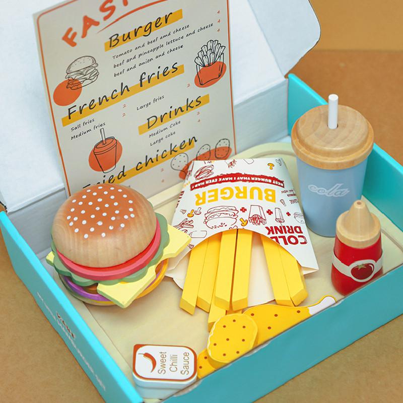 Fun Wooden Simulation Burger French Fries Beverage Kid Toy Set For Early Childhood Learning And Creative Play
