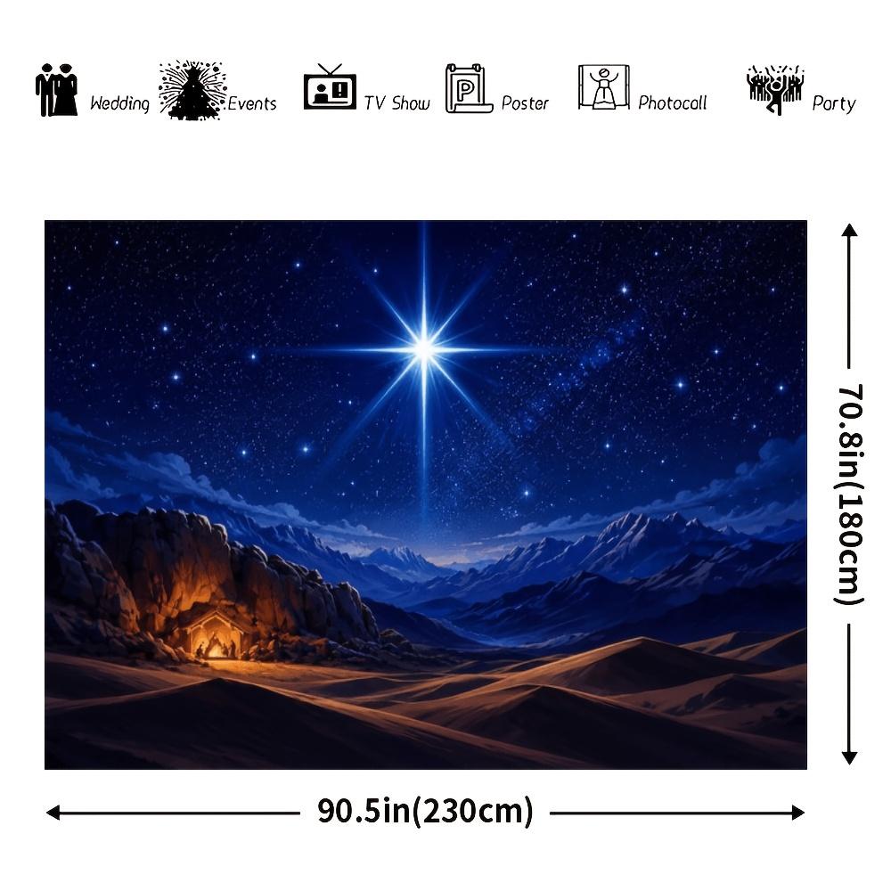 Christmas birth scene themed background fabric, with patterns of the Star of Bethlehem in the sky, desert mountains
