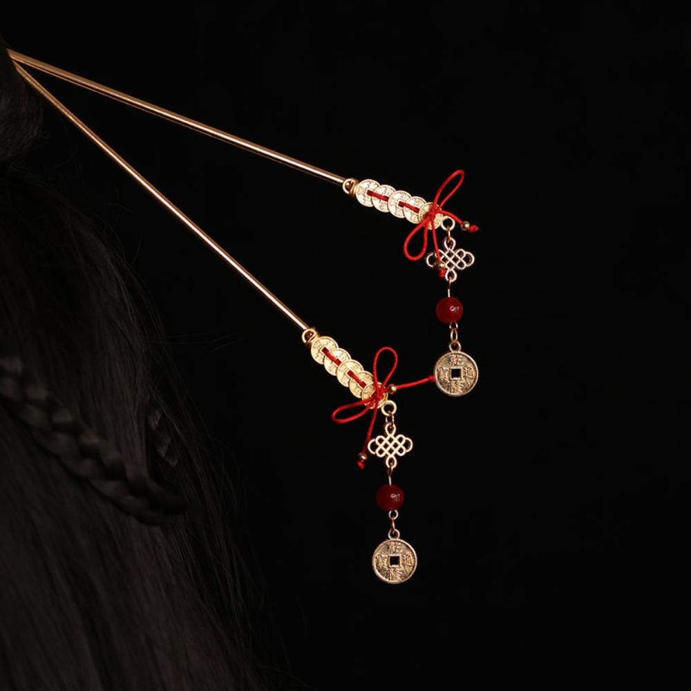 Chinese Knot Ancient Hair Stick Copper Coin Hanfu Hair Fork Handmade New Year Hairpin  Jewelry