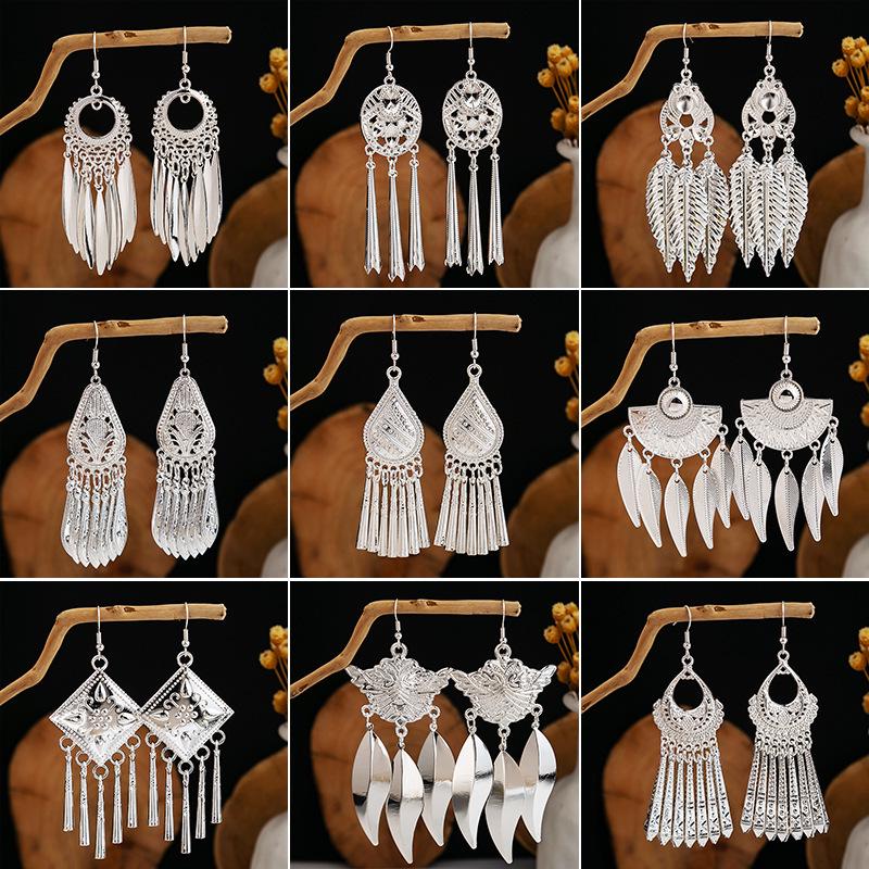 Bohemian Long Leaf Tassel Earrings - Imitation Silver, Miao Ethnic Style