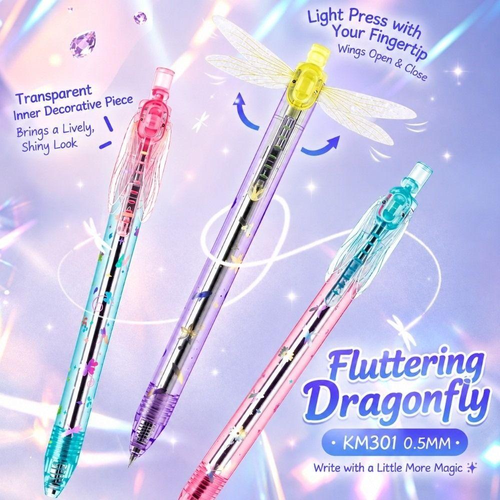 0.5mm Gleaming Wings Dragonfly Pen Retractable Quick Drying Dragonfly Pen with Moving Wings Translucent Barrel