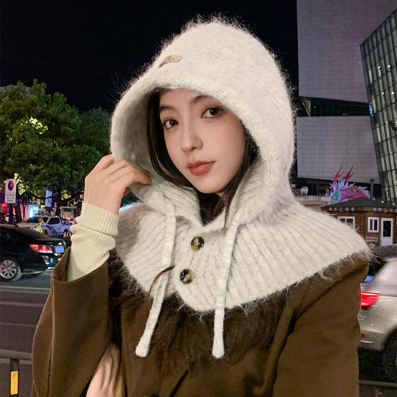 Balaclava hat women's autumn and winter warm hat scarf integrated ear protection thickened versatile wool knitted hat
