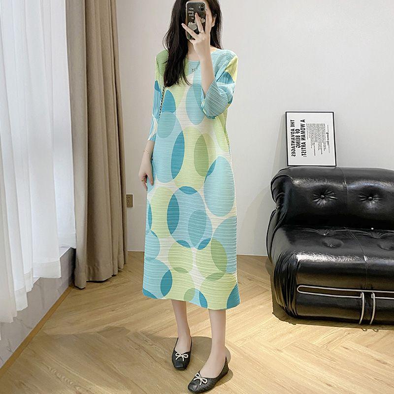 Women's Print Dress Summer Loose Pleated Plus Size Dress Long Cropped Sleeve Dress for Beach