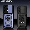 KEYSION Shockproof Armor Case for OPPO Reno14 Pro 5G Slide Camera Lens Protection Ring Stand Phone Back Cover for OPPO Reno14 5G