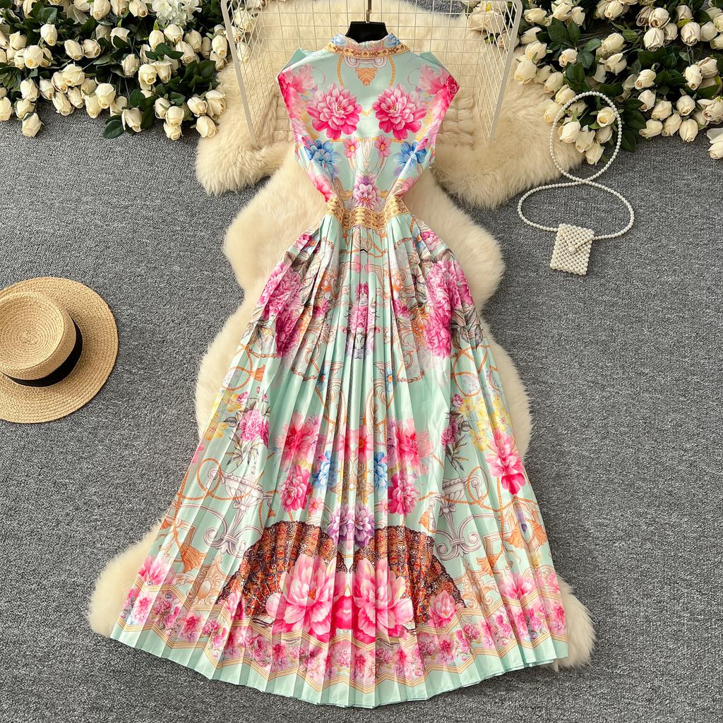 Франция Элегантный Винтаж Тонкий Вечернее Платье Женщины Печати Пуговицы Плиссированное Длинное Вечернее Платье Женщин Повседневный Шикарный Праздничная Одежда Новинка