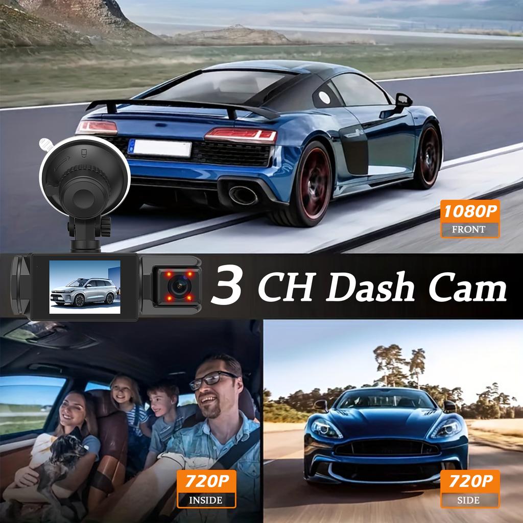 1080P WIFI Camera for cars, 3Channel Dash cam Front Inside and rear  car DVR with IR Night Vision Loop Recording Wide angle cam