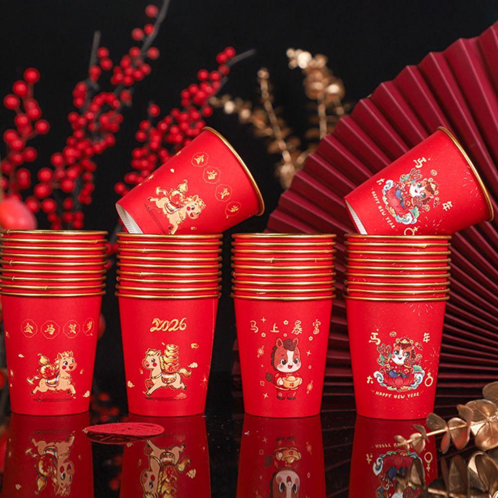 50pcs Horse Pattern 2026 Spring Festival Disposable Cup Anti-scalding Gold Foil Drinking Tea Cup Thickened Chinese Style