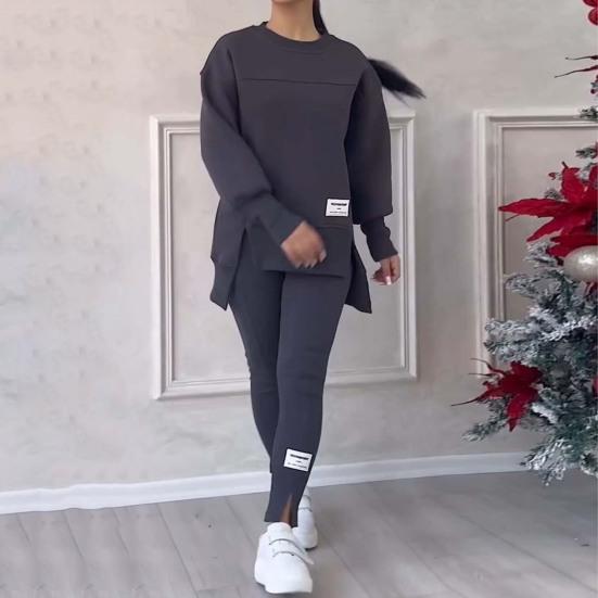 2 Pcs/Set Women Top Pants Suit Round Neck Long Sleeve Slit Hem Sweatshirt Elastic Waist Solid Color Slim Fit Trousers Winter Daily Wear Outfit