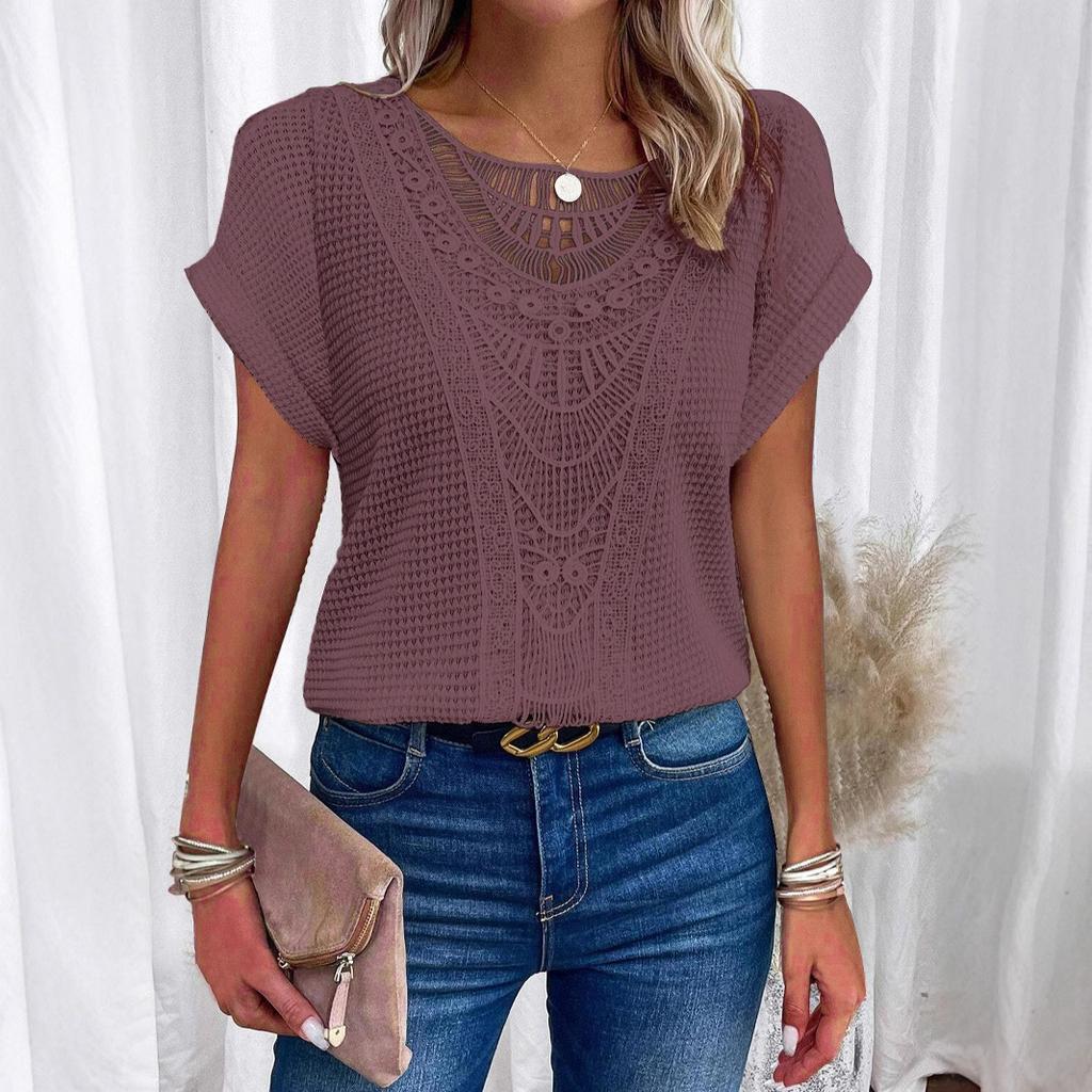 Однотонные женские футболки с короткими рукавами и кружевной вставкой