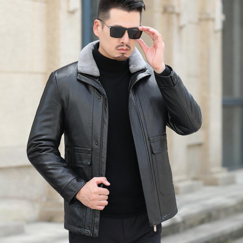 Пуховик из натуральной кожи Мужская куртка Пуховик Мужская свободная куртка Daddy с лацканами Кожаная куртка большого размера