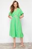 Women's Dress New Season Fashion Green Plain A-line Double Breasted Collar Balloon Sleeve Belt Detailed Lilium Maxi Woven Dress