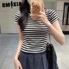 Color Contrast Striped Short-sleeved T-shirt Women's Spring and Summer Design Sense Niche Slimming Short Shoulder T-shirt Base Top