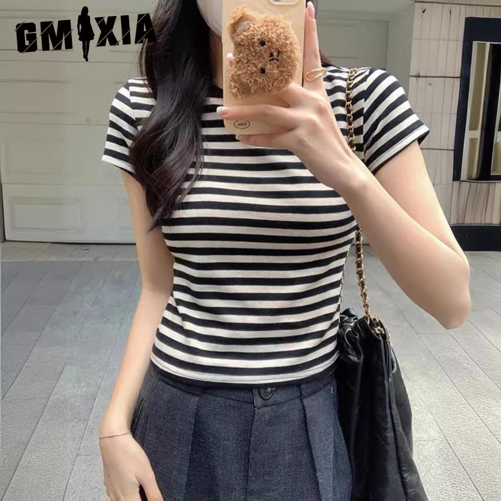 GMXIA Color Contrast Striped Short-sleeved T-shirt Women's Spring and Summer Design Sense Niche Slimming Short Shoulder T-shirt Base Top