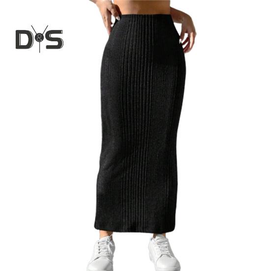 Women Fall Winter Skirt High Waist Knitted Elastic Thick Warm Ankle Length Striped Slim Fit Soft Sheath Lady Maxi Skirt