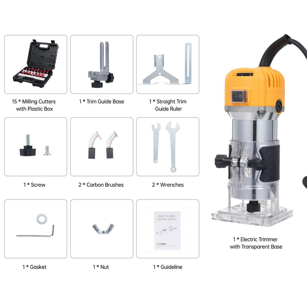 Компактный фрезерный станок 800 Вт для фрезерования по дереву, обрезки, гравировки, прорезки пазов, 30000 об/мин, переменная скорость с