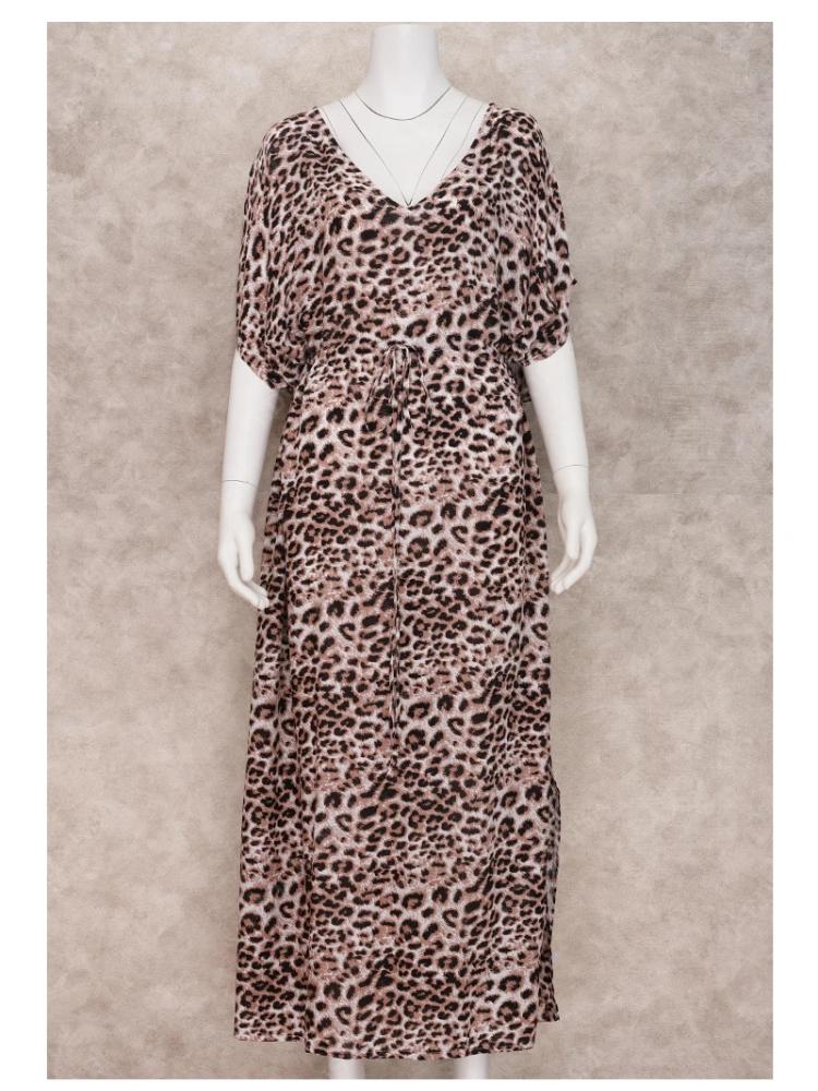 EDOLYNSA Leopard Print Women's V-neck Long Dress Tunic Kaftan Bikini Cover Up Robe Soft Classy Versatile Swimsuit Cover-up Outfits Q1128