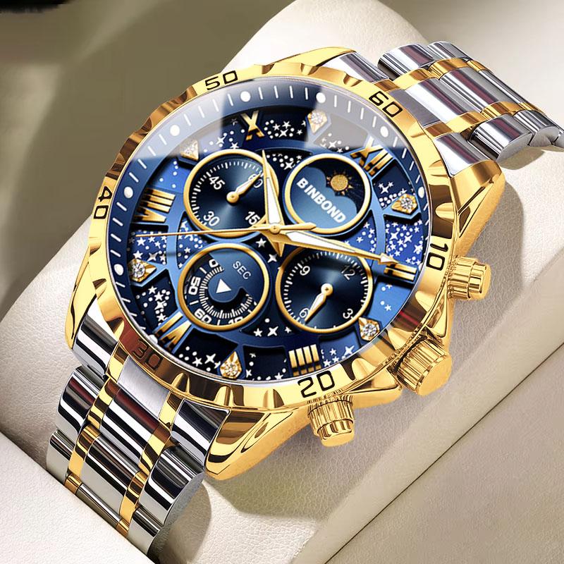 BINBOND Luxury Fashion Men Watches Multi-functional Stainless Steel Original Quartz Wristwatch Moon Phase Chronograph Waterproof