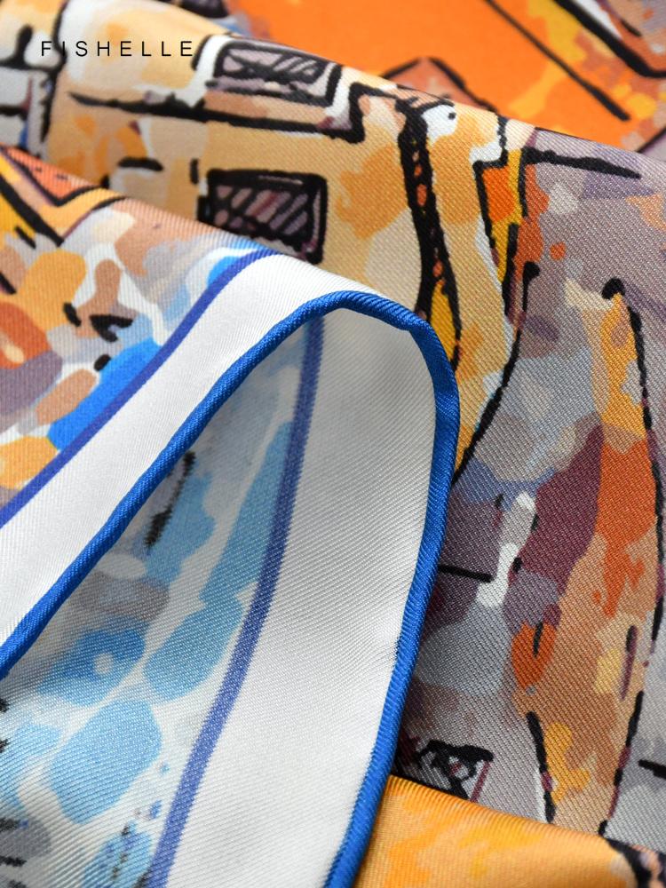 New Blue Yellow Watercolor Painted Printed Natural Silk Twill Square Scarf Women's Spring Autumn Real Silk Scarves Luxury Shawl