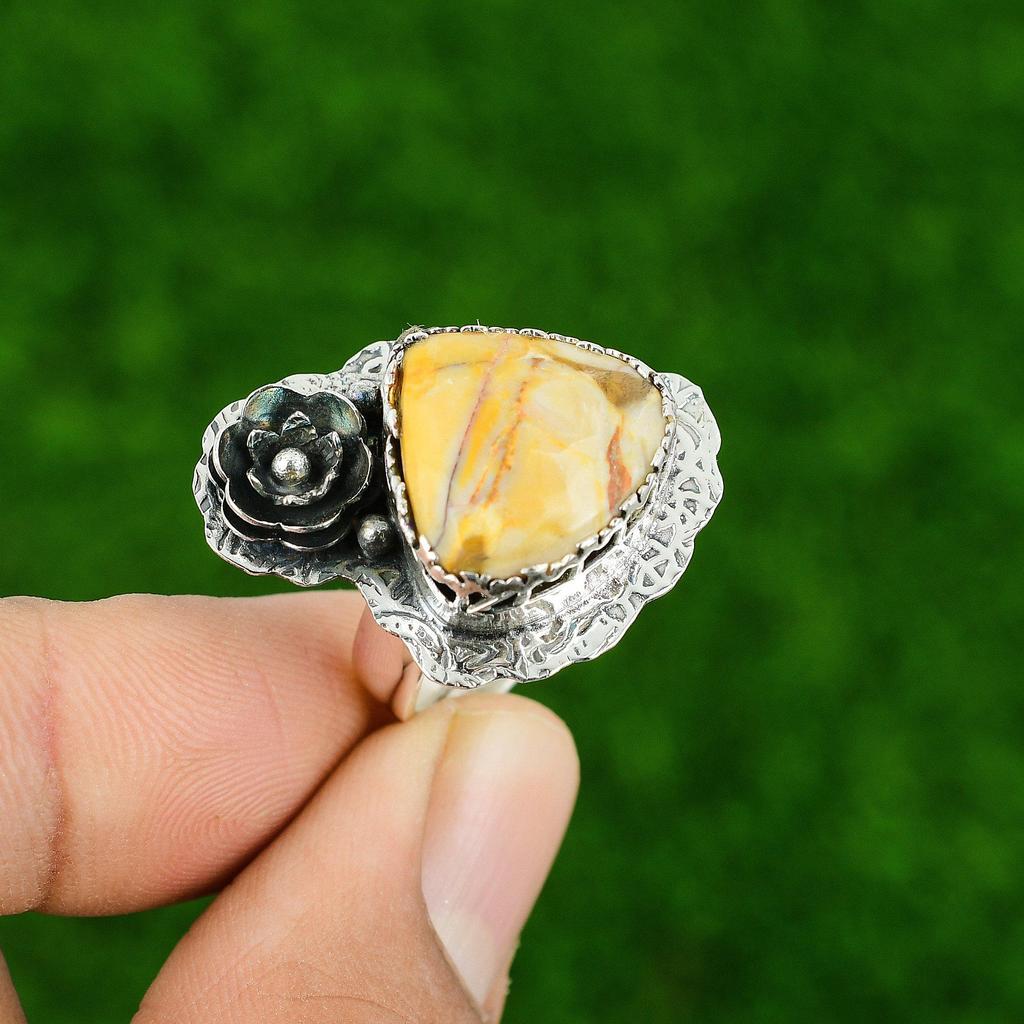 Sterling Silver Peanut Wood Jasper Gemstone Solitaire Trendy Flower Ring Jewelry