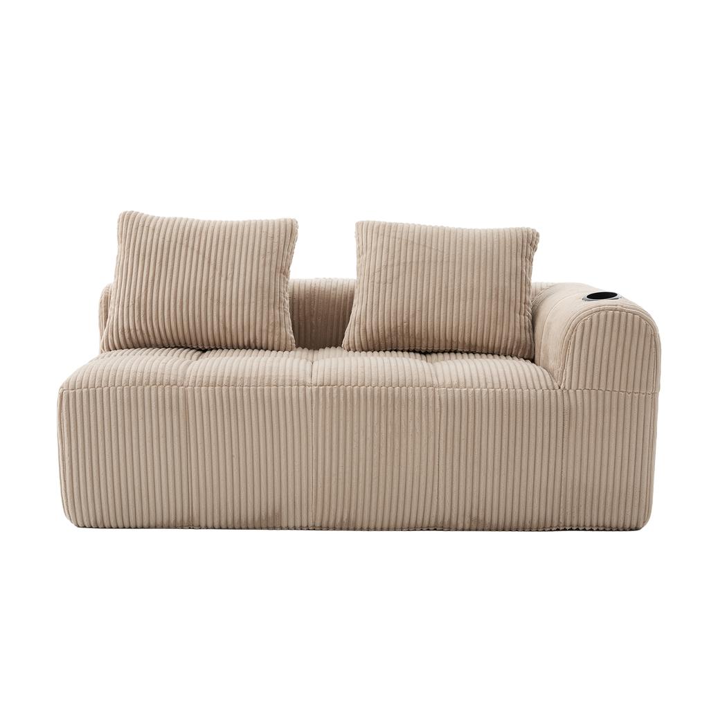 Cozy Corduroy Two-Seater Sofa – No Assembly, Soft Back Cushions, Side Storage Pocket for Remote Control and Phone, Cup Holder – Neat and Aesthetic.