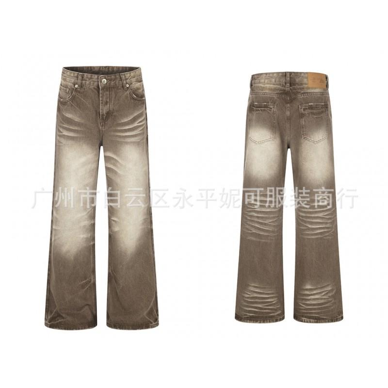 Mens Distressed Straight-Leg Flared Jeans With Whiskering Mid-Rise Cotton Denim Washed Vintage Streetwear Style