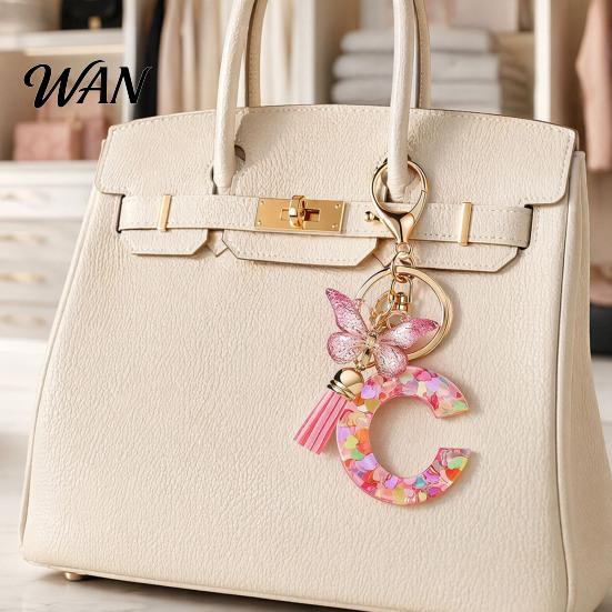 Pocket Keychain Pink Series Pendant, Sequins Heart Initial Letter Charm Key Chain with Everyday Carry Butterfly Tassel Design, A-Z Holder for