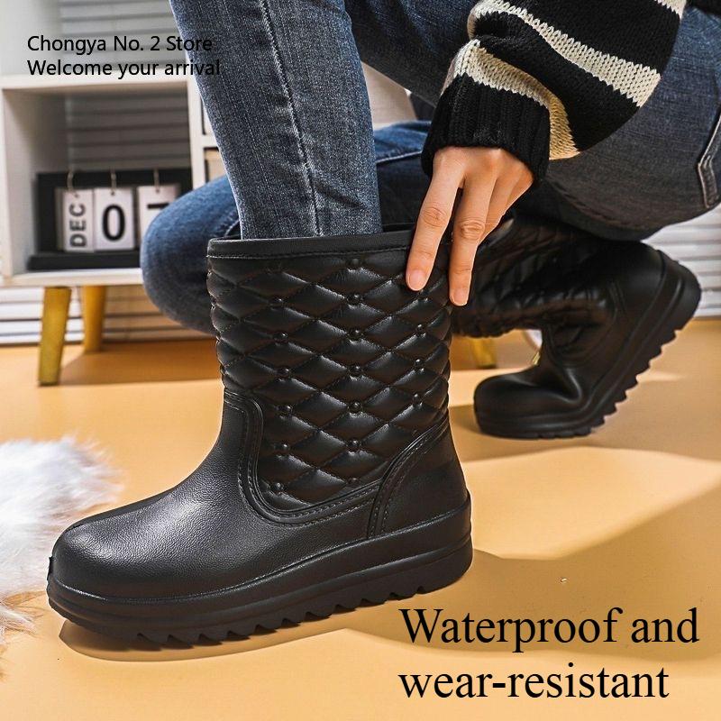 Waterproof Fleece Snow Boots Women's Mid-calf Water Boots Warm Water Boots Women's Rubber Shoes Kitchen Cotton