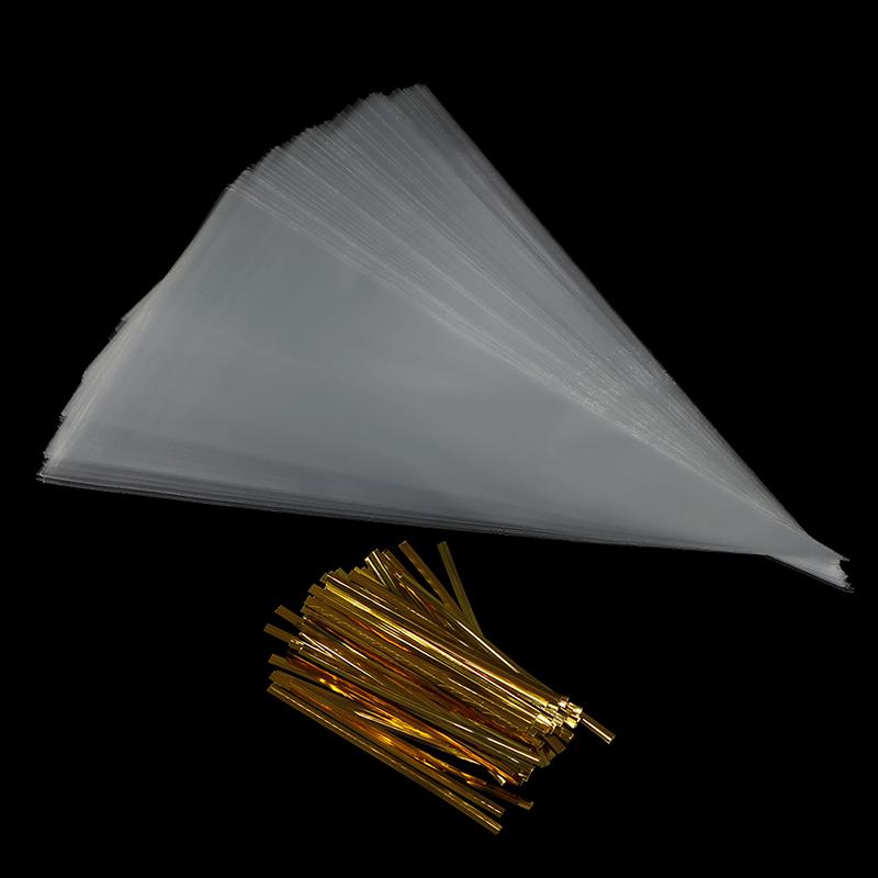 100X Clear Cone Shape Cellophane Bags Candy Sugar Popcorn Flower Packing Bag