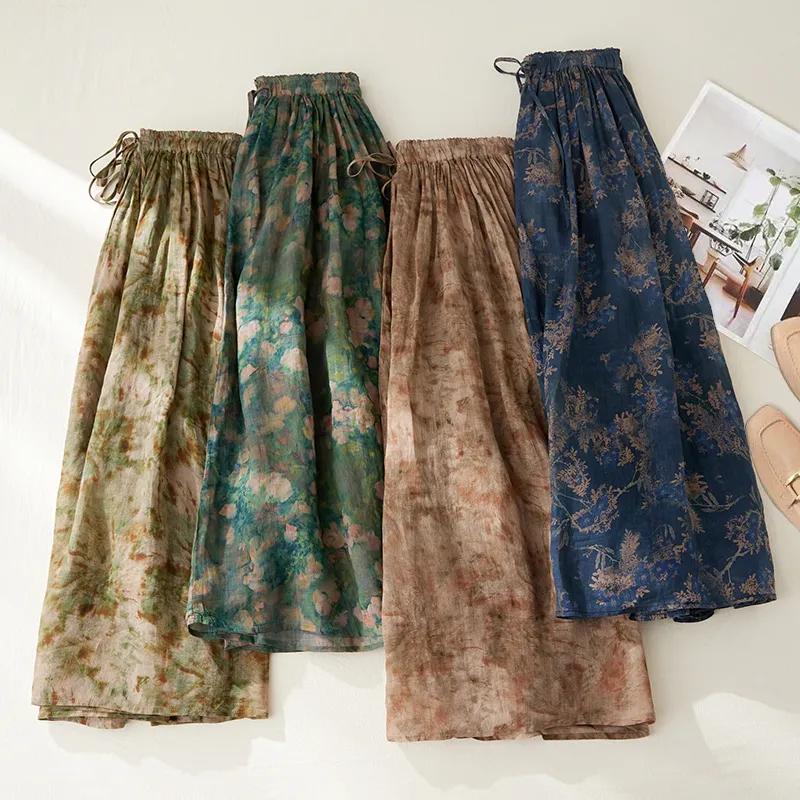 Women's Summer High-waisted Floral Bustier Skirt Double-layer Tie Thin A-line Big Swing Skirt