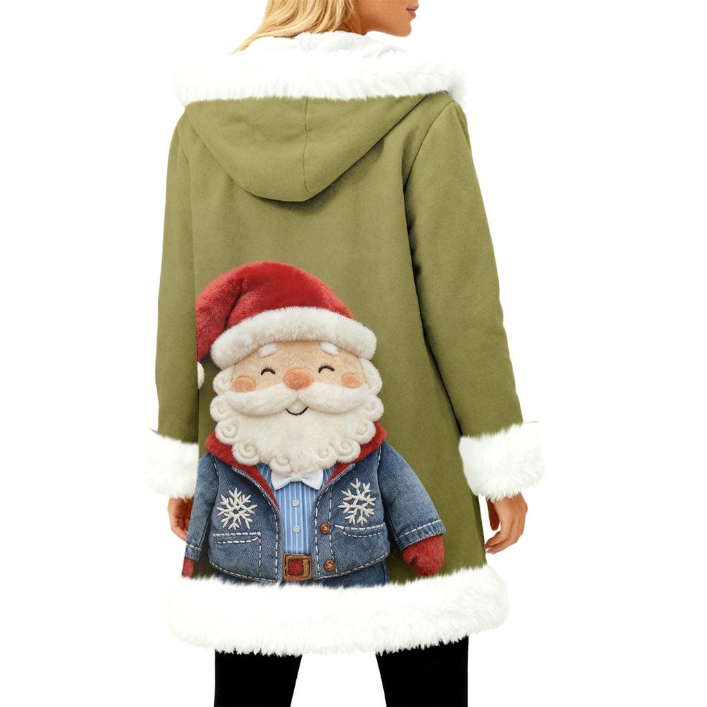 Unisex Casual And Fashionable Plush Collar Hooded Long Sleeved Christmas Printing Jacket