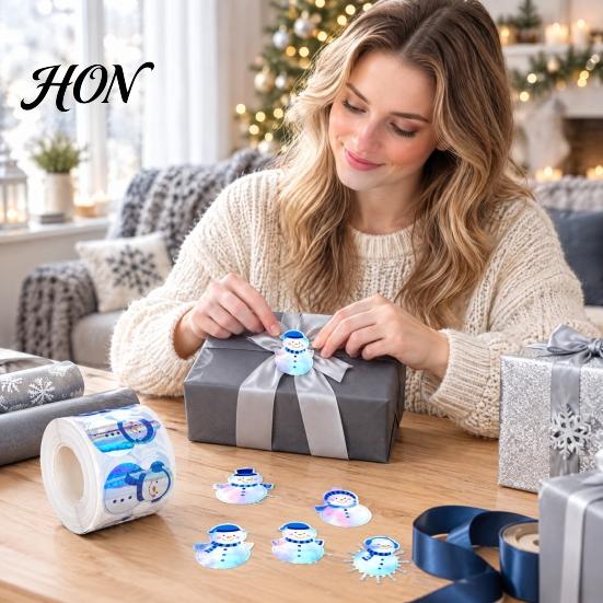 Winter Theme Party Supplies 500PCS Shiny Snowman Stickers, Waterproof Self Adhesive Labels, Round Kids School Holiday Crafts Decorative Packaging