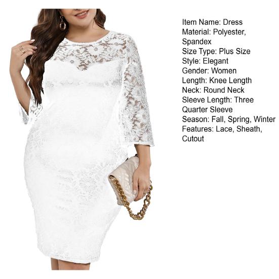 Women Prom Dress See-through Cutout Lace Flower Embroidery Three Quarter Sleeve Sheath Patchwork Slim Fit Plus Size Knee Length Midi Dress