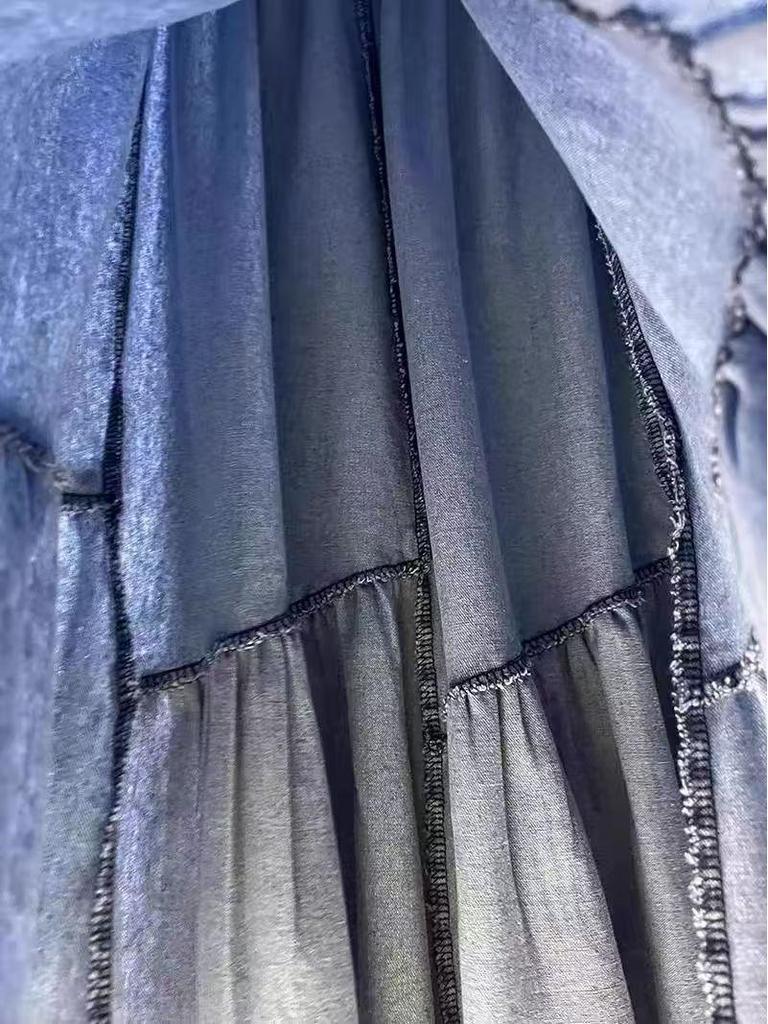 Women's Autumn High-Waist Midi Denim Skirt with Ruffle Patchwork