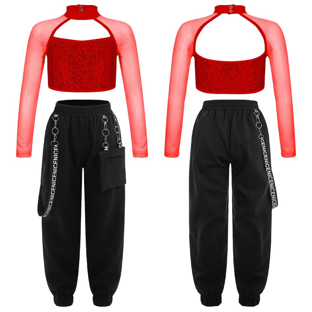 Kids Girls Casual Outfits Long Sleeve Mock Neck Crop Top with Elastic Waistband Pants for Hip-hop Street Dance