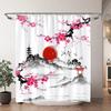 Japanese Cherry Blossom Watercolour Print Shower Curtain Koi Waves Chinese Ink Painting Polyester Shower Curtains Bathroom Decor