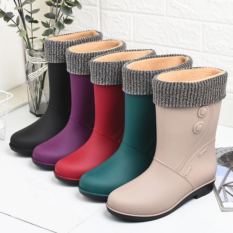 Fashion 2024Fashion Plush Rain Shoes for Women Warm High Tube Rainboots Winter Solid Color Low-heel Non-slip PVC Rubber Shoes
