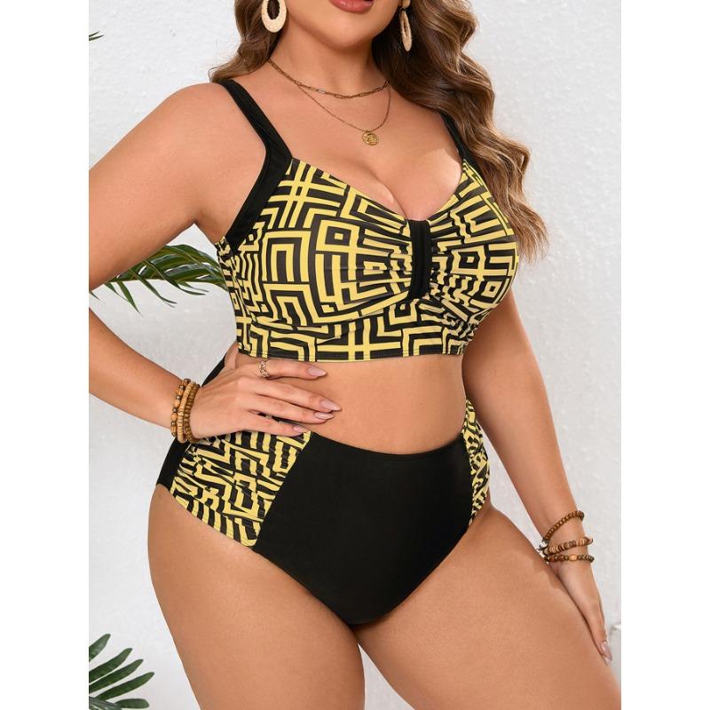 Купальники бикини больших размеров с геометрическим принтом, V-образным вырезом и высокой талией, комплект из 2 предметов, женская одежда для плавания и купальники