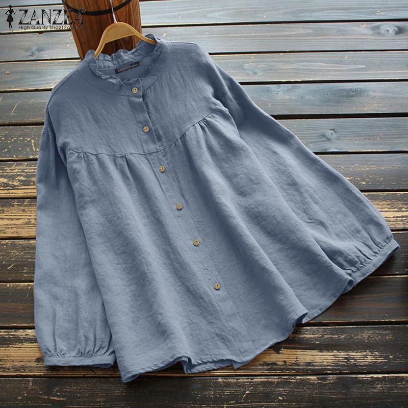 ZANZEA Женская повседневная однотонная хлопковая блузка с круглым вырезом и длинным рукавом