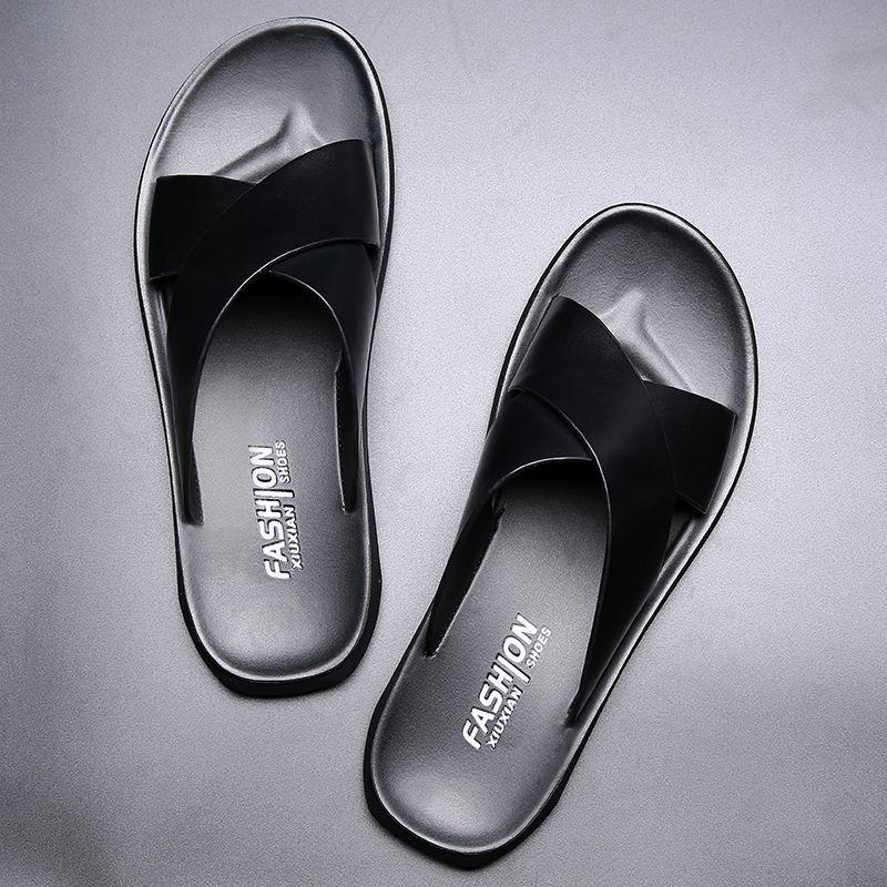 Men's Genuine Leather Korean Style Sandals - Trendy, Non-Slip Beach Flip-Flops