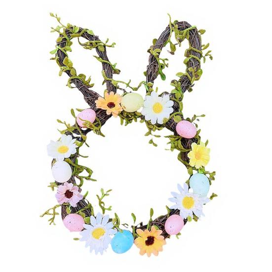 Пасхальный венок в форме маленького кролика, плетеный из ротанга, с пастельными яйцами и цветами для входной двери, для дома, для окна, на стену, весенний декор