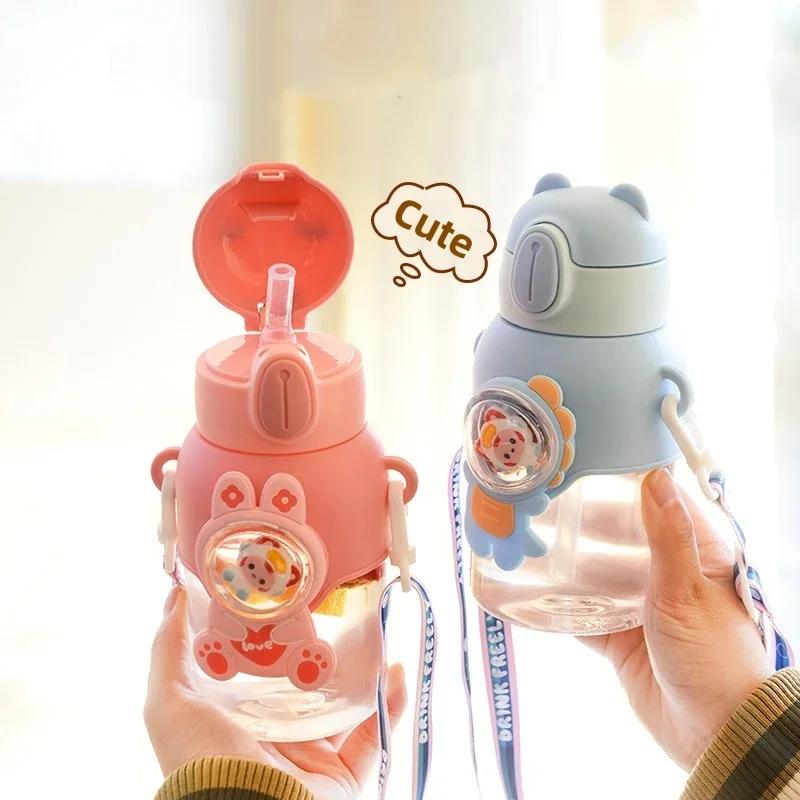 600ML Large Capacity Water Bottles for Children with Straw Cute Cartoon Student School Outdoor Travel Leak Proof Water Bottles