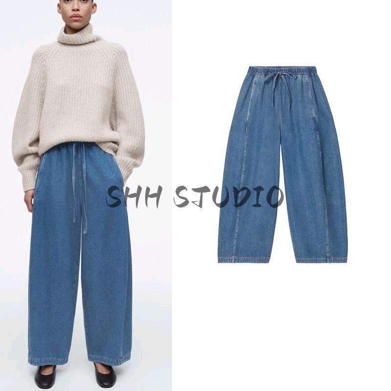 CS Spring New Women's Clothing Fashion Wind Leisure Version Barrel Drawstring Grinding Denim Blue 1281851