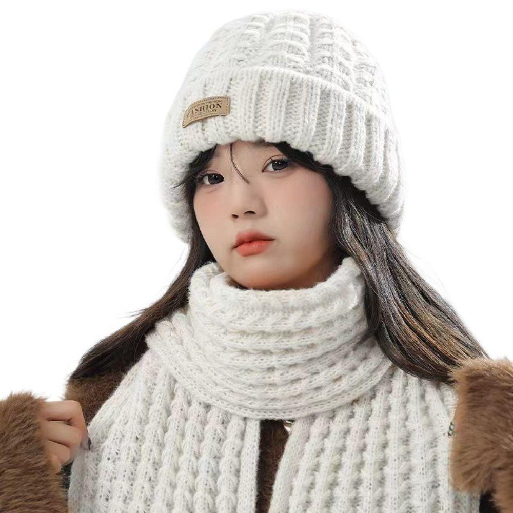 Thick Warm Wrap Hat & Scarf Warm Set Acrylic Blended Cashmer Keep Warm Cap For Travel Outdoor